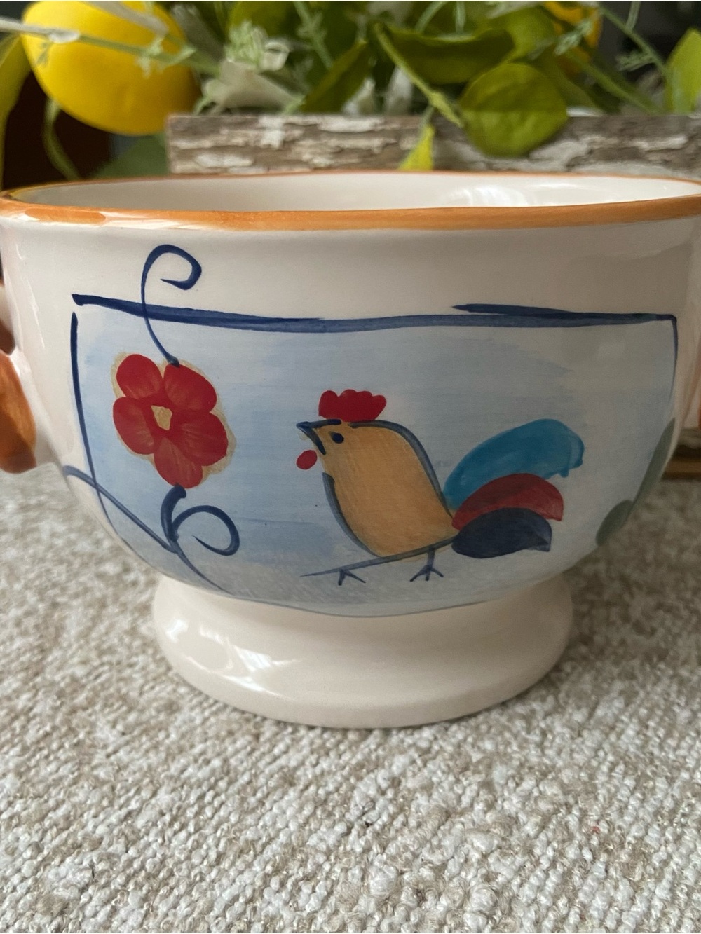 California Pantry 2006 ROOSTER Soup Bowl: 5"x3.5” Handles Farmhouse Chicken Soup
